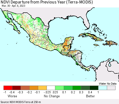 Mexico Central America and the Caribbean NDVI Departure from Previous Year (Terra-MODIS) Thematic Map For 3/30/2023 - 4/6/2023