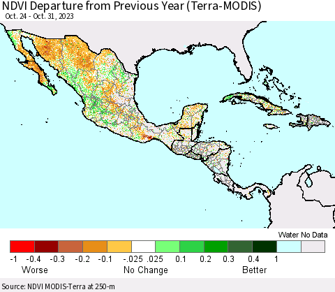 Mexico Central America and the Caribbean NDVI Departure from Previous Year (Terra-MODIS) Thematic Map For 10/24/2023 - 10/31/2023