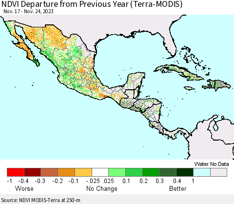 Mexico Central America and the Caribbean NDVI Departure from Previous Year (Terra-MODIS) Thematic Map For 11/17/2023 - 11/24/2023