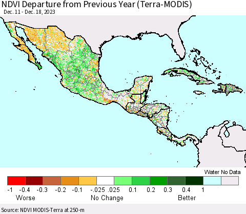 Mexico Central America and the Caribbean NDVI Departure from Previous Year (Terra-MODIS) Thematic Map For 12/11/2023 - 12/18/2023