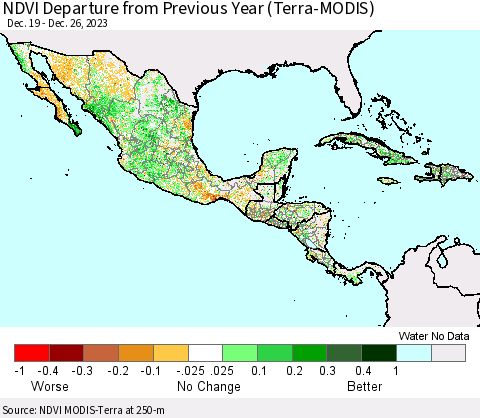 Mexico Central America and the Caribbean NDVI Departure from Previous Year (Terra-MODIS) Thematic Map For 12/19/2023 - 12/26/2023