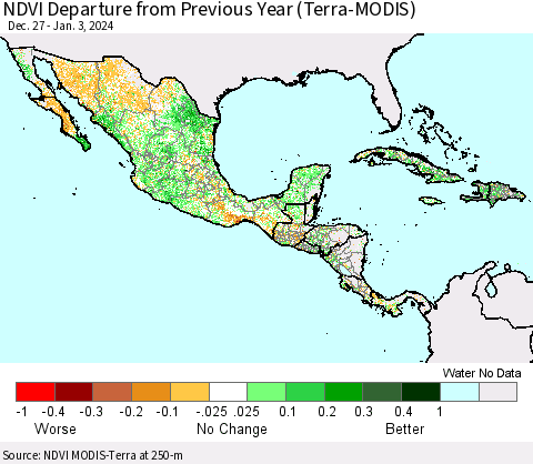 Mexico Central America and the Caribbean NDVI Departure from Previous Year (Terra-MODIS) Thematic Map For 12/27/2023 - 1/3/2024