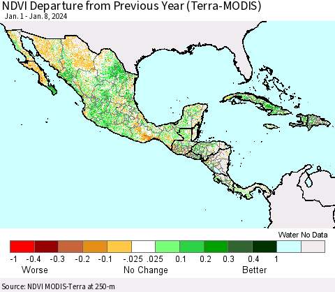 Mexico Central America and the Caribbean NDVI Departure from Previous Year (Terra-MODIS) Thematic Map For 1/1/2024 - 1/8/2024