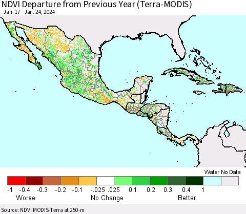 Mexico Central America and the Caribbean NDVI Departure from Previous Year (Terra-MODIS) Thematic Map For 1/17/2024 - 1/24/2024