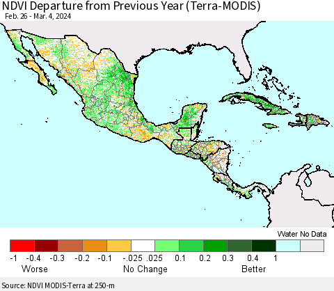 Mexico Central America and the Caribbean NDVI Departure from Previous Year (Terra-MODIS) Thematic Map For 2/26/2024 - 3/4/2024
