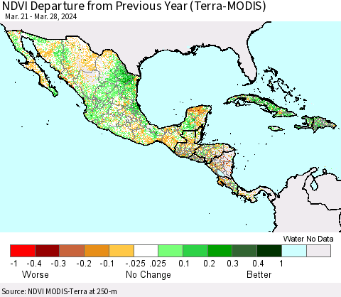 Mexico Central America and the Caribbean NDVI Departure from Previous Year (Terra-MODIS) Thematic Map For 3/21/2024 - 3/28/2024