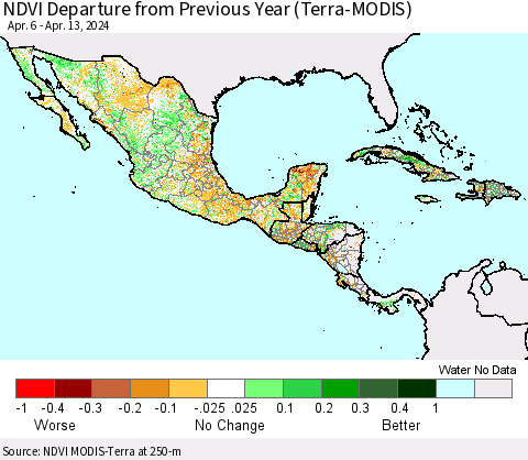 Mexico Central America and the Caribbean NDVI Departure from Previous Year (Terra-MODIS) Thematic Map For 4/6/2024 - 4/13/2024