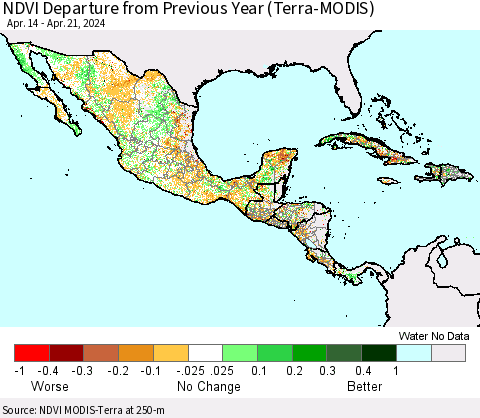 Mexico Central America and the Caribbean NDVI Departure from Previous Year (Terra-MODIS) Thematic Map For 4/14/2024 - 4/21/2024