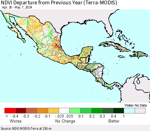 Mexico Central America and the Caribbean NDVI Departure from Previous Year (Terra-MODIS) Thematic Map For 4/30/2024 - 5/7/2024