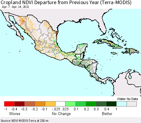 Mexico Central America and the Caribbean Cropland NDVI Departure from Previous Year (Terra-MODIS) Thematic Map For 4/7/2021 - 4/14/2021
