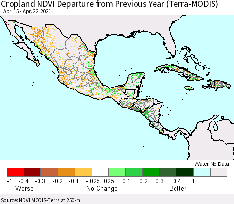 Mexico Central America and the Caribbean Cropland NDVI Departure from Previous Year (Terra-MODIS) Thematic Map For 4/15/2021 - 4/22/2021