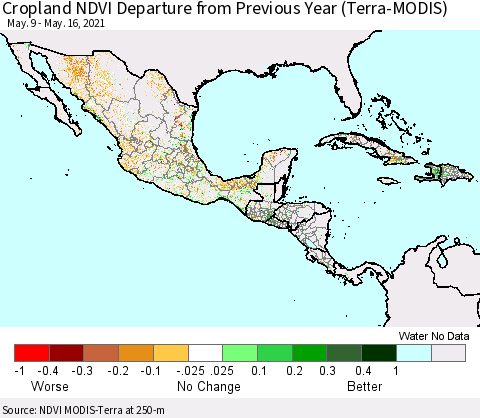 Mexico Central America and the Caribbean Cropland NDVI Departure from Previous Year (Terra-MODIS) Thematic Map For 5/9/2021 - 5/16/2021