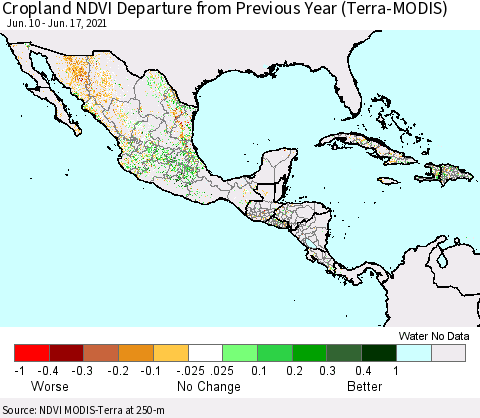 Mexico Central America and the Caribbean Cropland NDVI Departure from Previous Year (Terra-MODIS) Thematic Map For 6/10/2021 - 6/17/2021