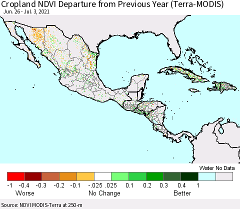 Mexico Central America and the Caribbean Cropland NDVI Departure from Previous Year (Terra-MODIS) Thematic Map For 6/26/2021 - 7/3/2021