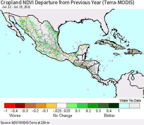 Mexico Central America and the Caribbean Cropland NDVI Departure from Previous Year (Terra-MODIS) Thematic Map For 7/12/2021 - 7/19/2021