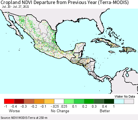 Mexico Central America and the Caribbean Cropland NDVI Departure from Previous Year (Terra-MODIS) Thematic Map For 7/20/2021 - 7/27/2021