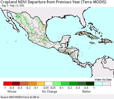 Mexico Central America and the Caribbean Cropland NDVI Departure from Previous Year (Terra-MODIS) Thematic Map For 8/5/2021 - 8/12/2021