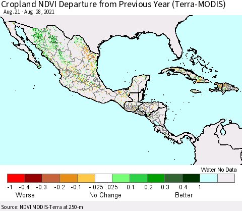Mexico Central America and the Caribbean Cropland NDVI Departure from Previous Year (Terra-MODIS) Thematic Map For 8/21/2021 - 8/28/2021
