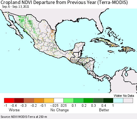 Mexico Central America and the Caribbean Cropland NDVI Departure from Previous Year (Terra-MODIS) Thematic Map For 9/6/2021 - 9/13/2021