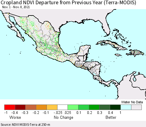 Mexico Central America and the Caribbean Cropland NDVI Departure from Previous Year (Terra-MODIS) Thematic Map For 11/1/2021 - 11/8/2021