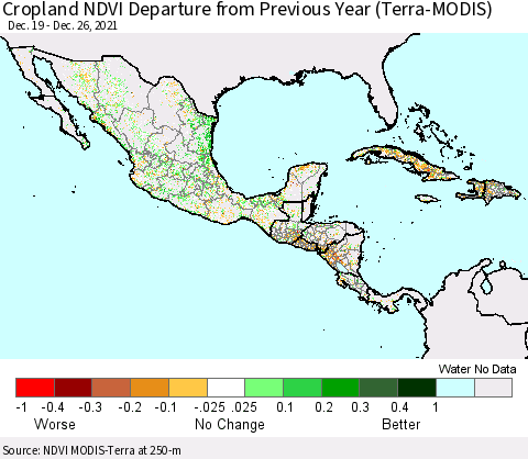 Mexico Central America and the Caribbean Cropland NDVI Departure from Previous Year (Terra-MODIS) Thematic Map For 12/19/2021 - 12/26/2021