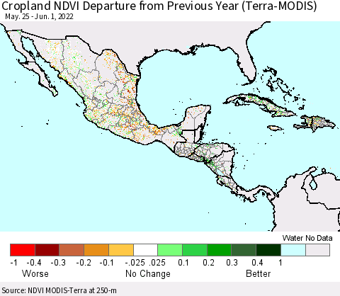 Mexico Central America and the Caribbean Cropland NDVI Departure from Previous Year (Terra-MODIS) Thematic Map For 5/25/2022 - 6/1/2022
