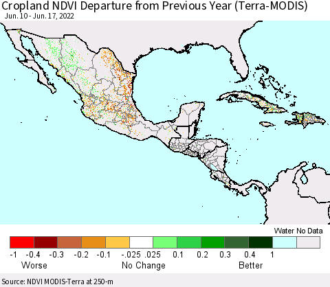 Mexico Central America and the Caribbean Cropland NDVI Departure from Previous Year (Terra-MODIS) Thematic Map For 6/10/2022 - 6/17/2022