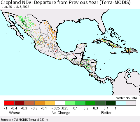 Mexico Central America and the Caribbean Cropland NDVI Departure from Previous Year (Terra-MODIS) Thematic Map For 6/26/2022 - 7/3/2022