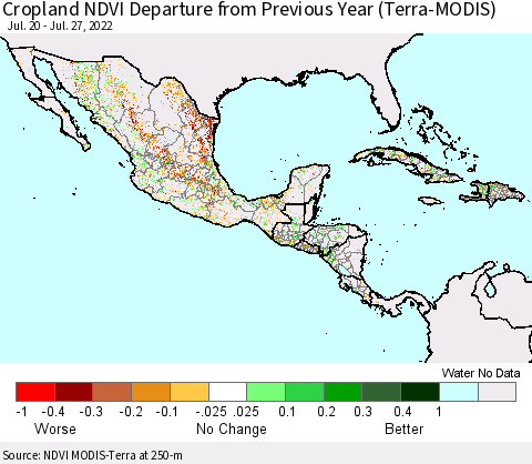 Mexico Central America and the Caribbean Cropland NDVI Departure from Previous Year (Terra-MODIS) Thematic Map For 7/20/2022 - 7/27/2022