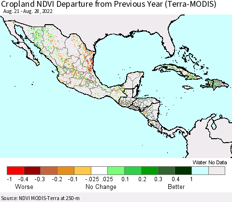 Mexico Central America and the Caribbean Cropland NDVI Departure from Previous Year (Terra-MODIS) Thematic Map For 8/21/2022 - 8/28/2022