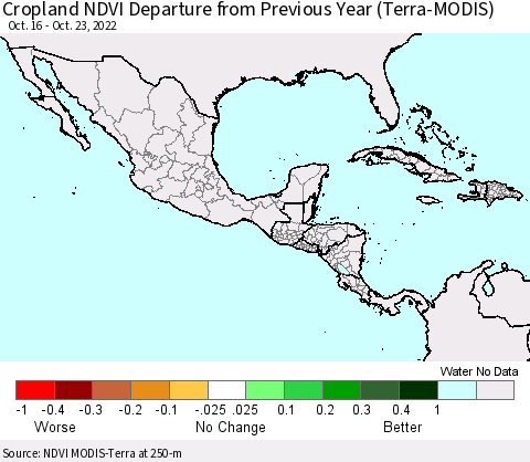 Mexico Central America and the Caribbean Cropland NDVI Departure from Previous Year (Terra-MODIS) Thematic Map For 10/16/2022 - 10/23/2022