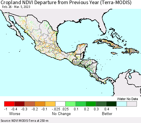 Mexico Central America and the Caribbean Cropland NDVI Departure from Previous Year (Terra-MODIS) Thematic Map For 2/26/2023 - 3/5/2023