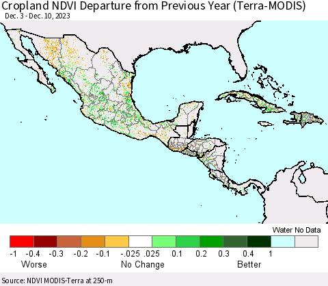Mexico Central America and the Caribbean Cropland NDVI Departure from Previous Year (Terra-MODIS) Thematic Map For 12/3/2023 - 12/10/2023