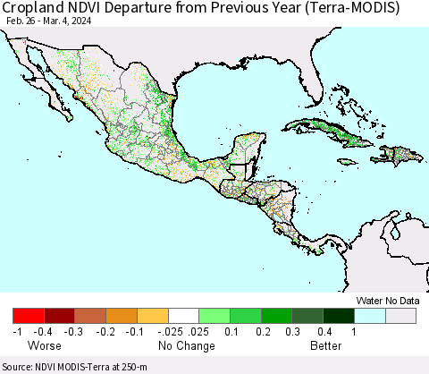 Mexico Central America and the Caribbean Cropland NDVI Departure from Previous Year (Terra-MODIS) Thematic Map For 2/26/2024 - 3/4/2024