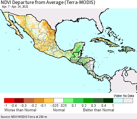 Mexico Central America and the Caribbean NDVI Departure from Average (Terra-MODIS) Thematic Map For 4/7/2021 - 4/14/2021