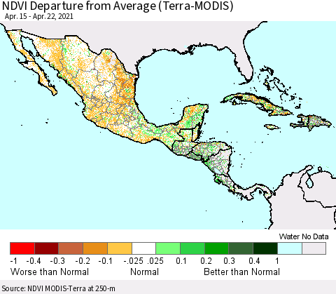 Mexico Central America and the Caribbean NDVI Departure from Average (Terra-MODIS) Thematic Map For 4/15/2021 - 4/22/2021