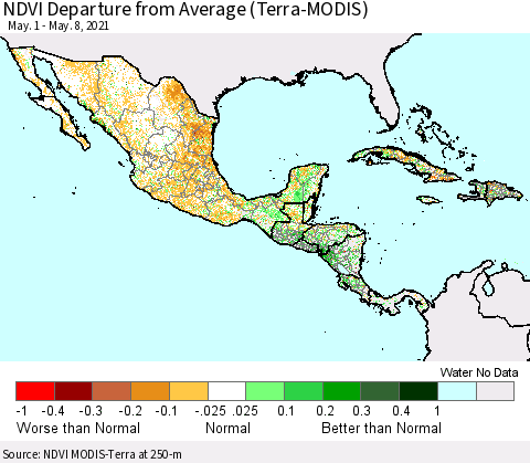 Mexico Central America and the Caribbean NDVI Departure from Average (Terra-MODIS) Thematic Map For 5/1/2021 - 5/8/2021