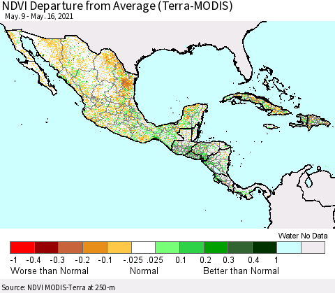 Mexico Central America and the Caribbean NDVI Departure from Average (Terra-MODIS) Thematic Map For 5/9/2021 - 5/16/2021
