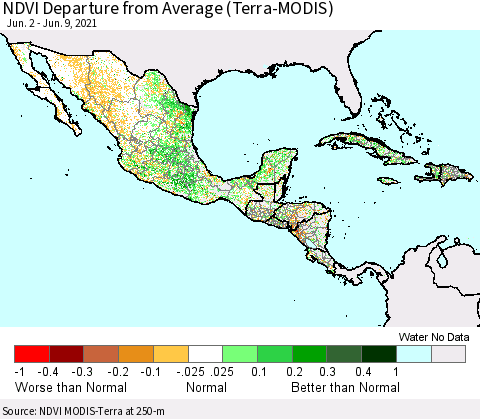 Mexico Central America and the Caribbean NDVI Departure from Average (Terra-MODIS) Thematic Map For 6/2/2021 - 6/9/2021