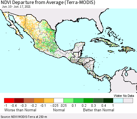 Mexico Central America and the Caribbean NDVI Departure from Average (Terra-MODIS) Thematic Map For 6/10/2021 - 6/17/2021