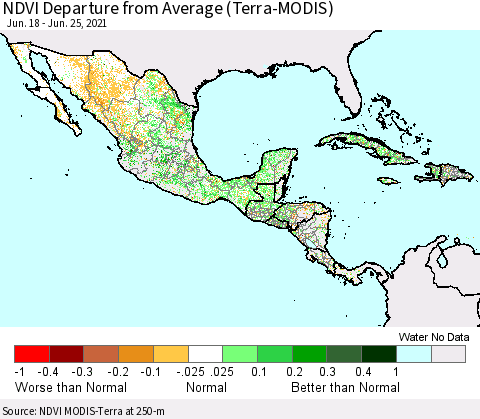 Mexico Central America and the Caribbean NDVI Departure from Average (Terra-MODIS) Thematic Map For 6/18/2021 - 6/25/2021