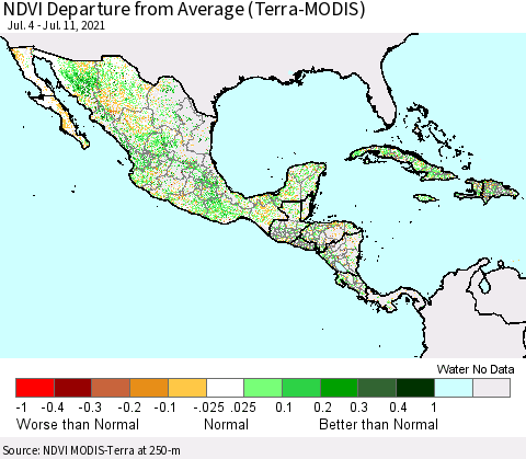 Mexico Central America and the Caribbean NDVI Departure from Average (Terra-MODIS) Thematic Map For 7/4/2021 - 7/11/2021
