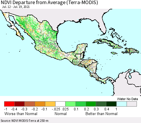 Mexico Central America and the Caribbean NDVI Departure from Average (Terra-MODIS) Thematic Map For 7/12/2021 - 7/19/2021