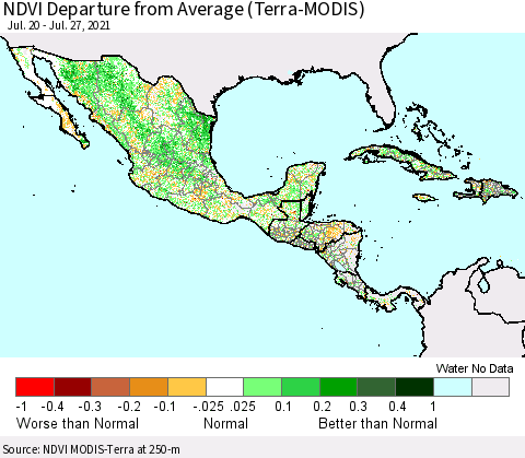 Mexico Central America and the Caribbean NDVI Departure from Average (Terra-MODIS) Thematic Map For 7/20/2021 - 7/27/2021