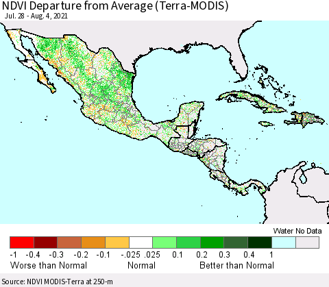 Mexico Central America and the Caribbean NDVI Departure from Average (Terra-MODIS) Thematic Map For 7/28/2021 - 8/4/2021