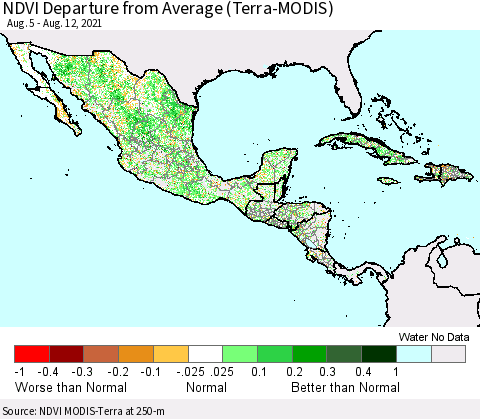 Mexico Central America and the Caribbean NDVI Departure from Average (Terra-MODIS) Thematic Map For 8/5/2021 - 8/12/2021