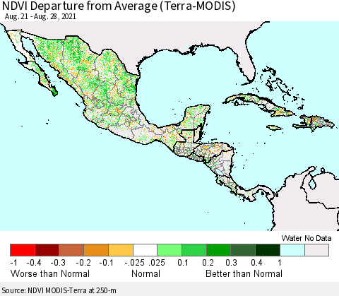 Mexico Central America and the Caribbean NDVI Departure from Average (Terra-MODIS) Thematic Map For 8/21/2021 - 8/28/2021