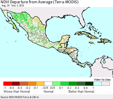 Mexico Central America and the Caribbean NDVI Departure from Average (Terra-MODIS) Thematic Map For 8/29/2021 - 9/5/2021