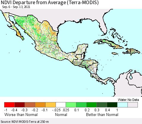Mexico Central America and the Caribbean NDVI Departure from Average (Terra-MODIS) Thematic Map For 9/6/2021 - 9/13/2021