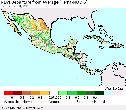 Mexico Central America and the Caribbean NDVI Departure from Average (Terra-MODIS) Thematic Map For 9/14/2021 - 9/21/2021